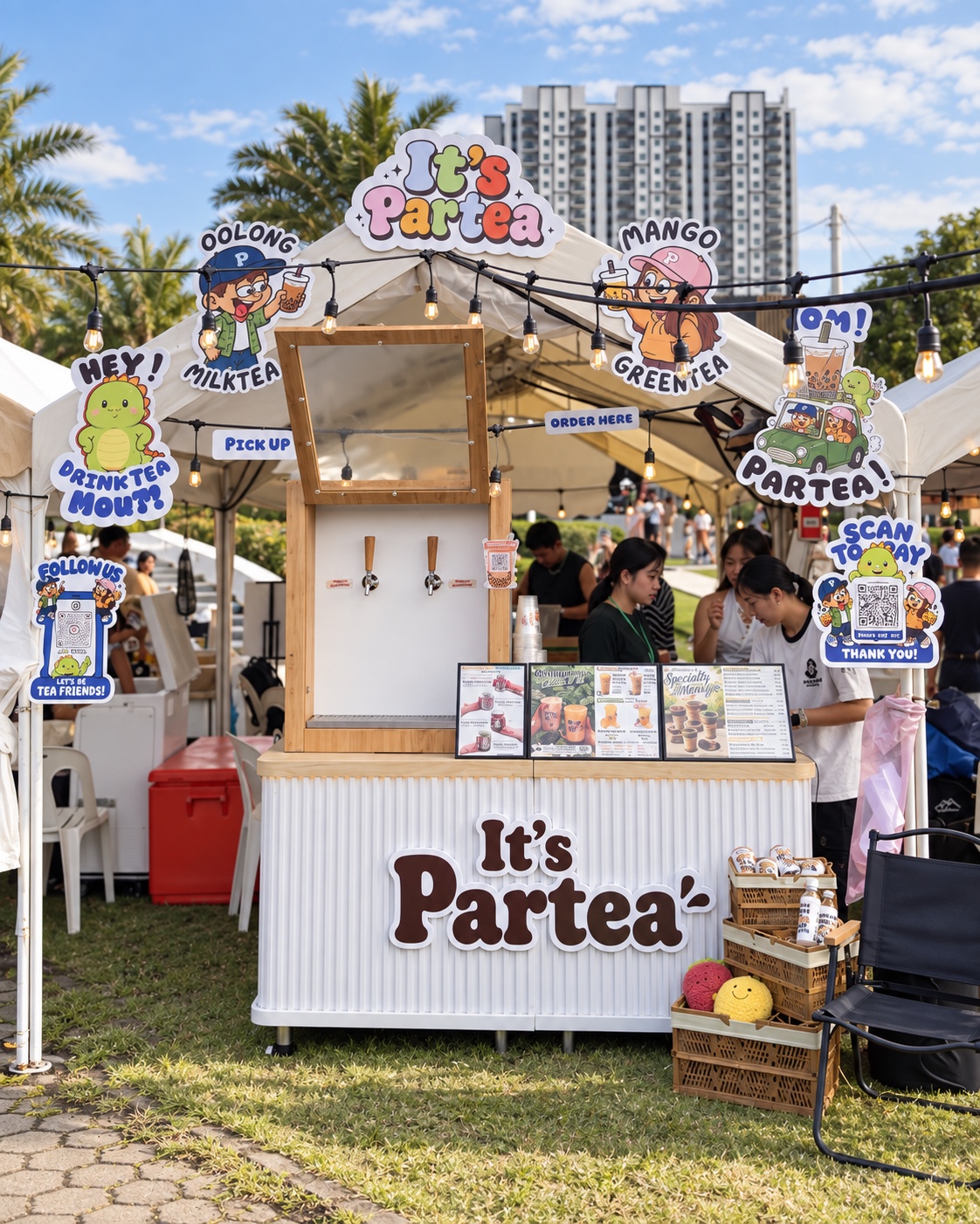 Original event photograph of It’s Partea serving from its white-and-wood branded mobile cart